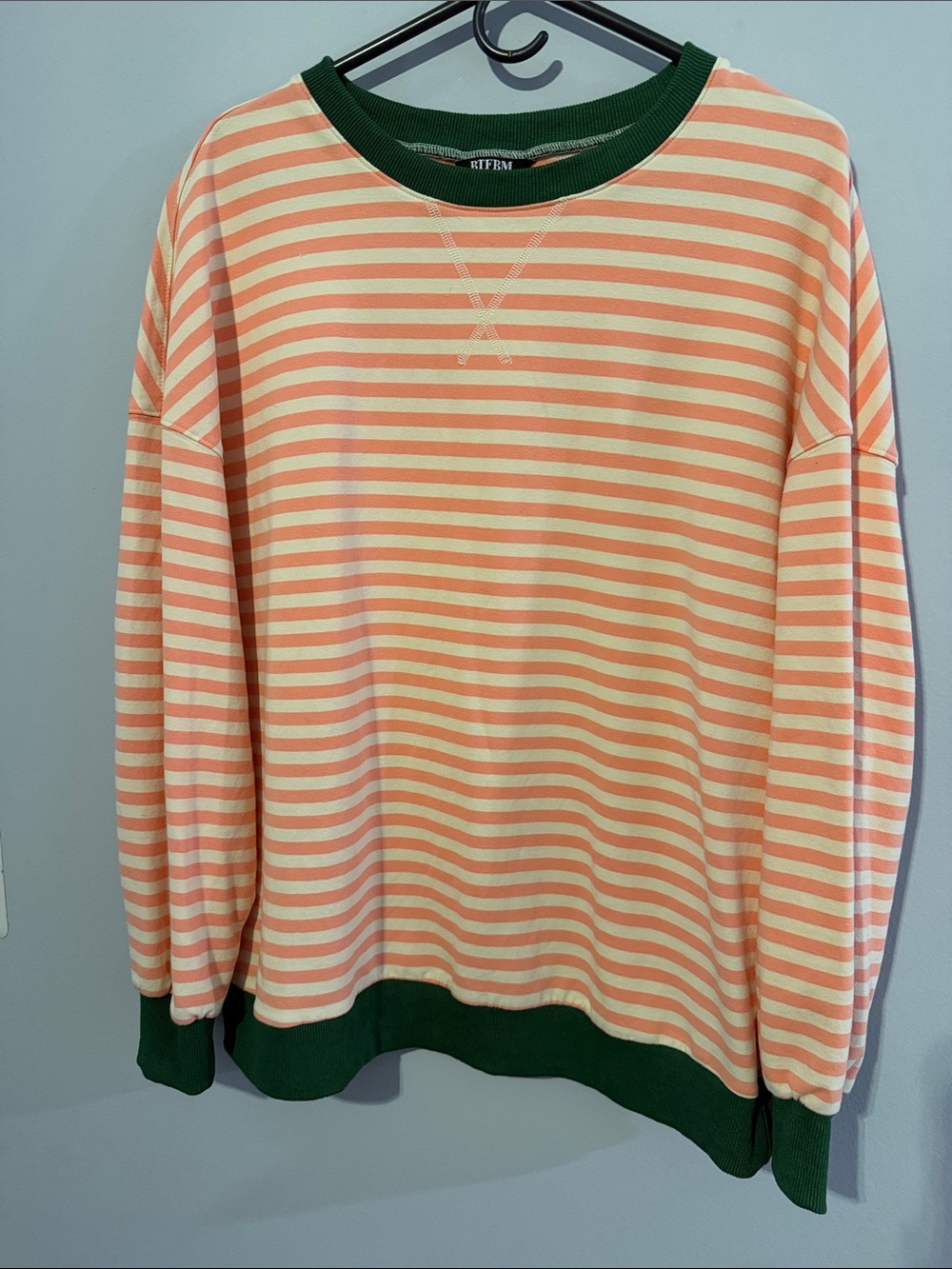 Striped Peach & Cream Women's Sweatshirt with Forest Green Trim